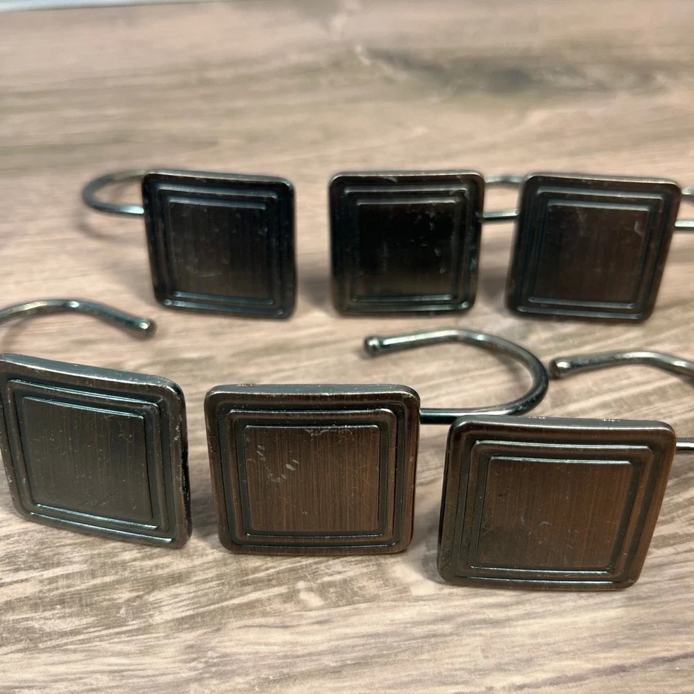 Shower Curtain Hooks Metal Bronze Square Geometric Modern Industrial Set of 12
